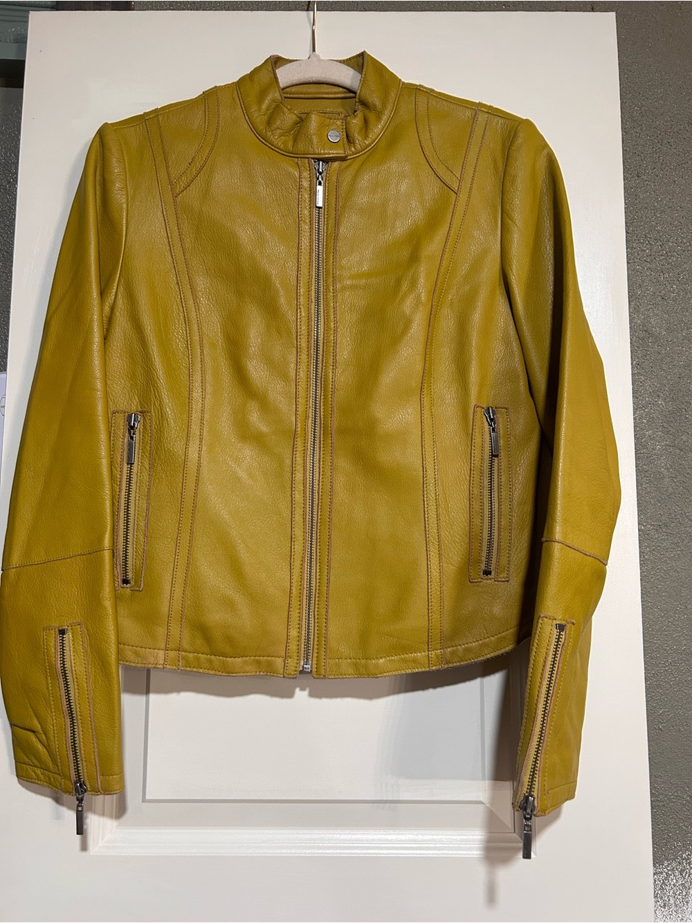 Wilsons genuine Leather Moto Jacket in dark Mustard /pink edging Meduim